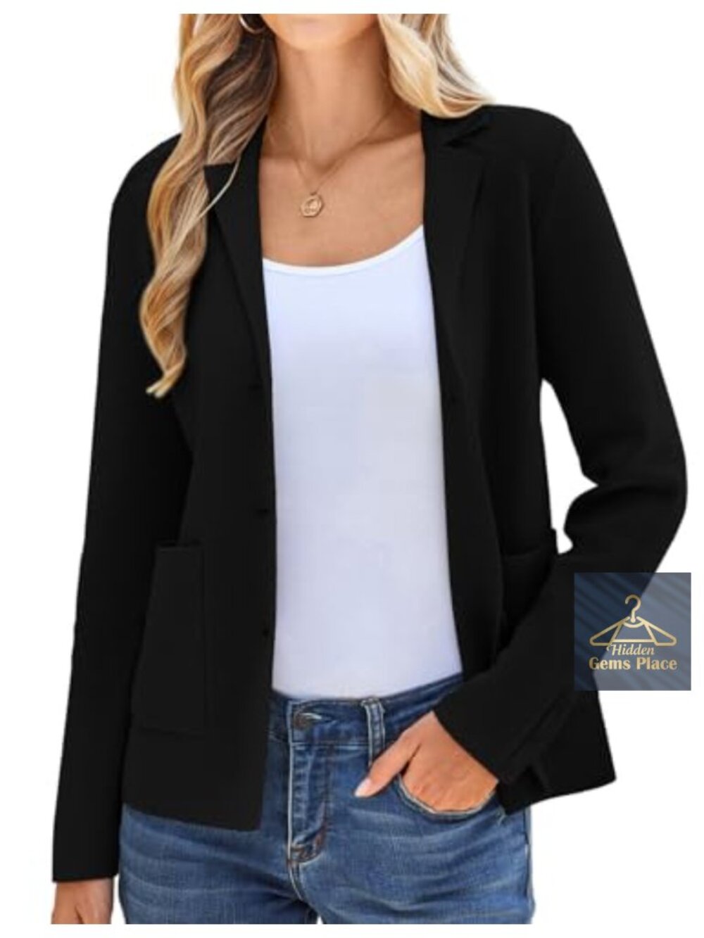 Women's Knit Blazer Casual Office Stretch Patch Pockets